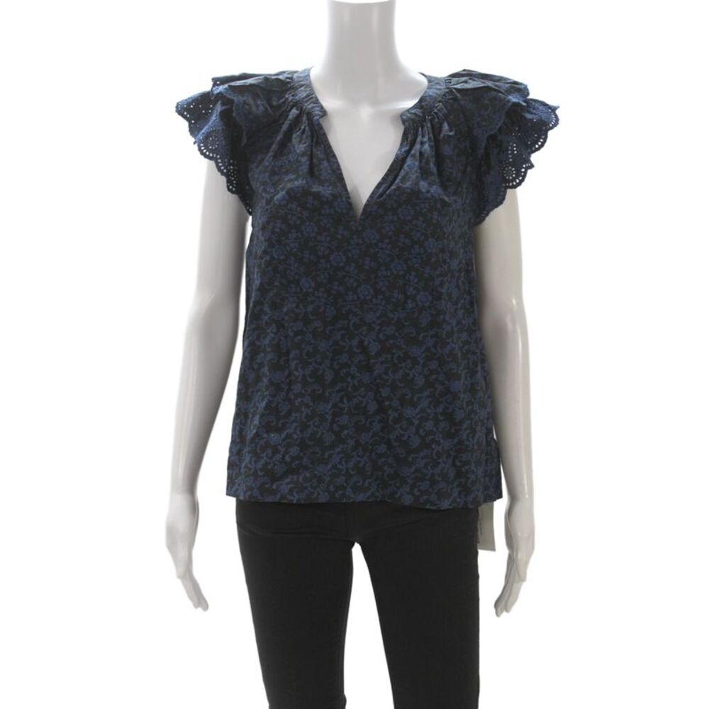Ulla Johnson Women V Neck Floral Blouse Dark Blue Sleeveless Size 2